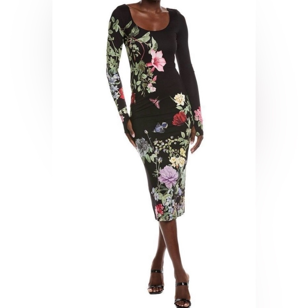 Alice + Olivia scoop neck long sleeve floral midi dress size